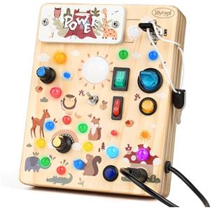 Joyreal Montessori Pannello Busy Board 1 Anno, Giochi in Legno con 19 LED, Giochi Educativi Regalo Bimbo 1 2 3 Anni, Sensoriale Bambini Montessori (Foresta)