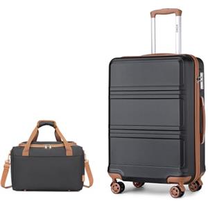 KONO set di 2 Valigia Bagaglio a Mano Rigida e Leggera ABS Trolley 65cm con 4 Ruote Rotanti e Lucchetto TSA & Borsa da Viaggio 40x20x25 Ryanair, Nero+Marrone