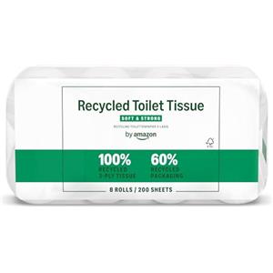 by Amazon, Carta Igienica Riciclata, 100% Fibre Riciclate, 3 Veli, 200 Strappi, 8 Rotoli (1 Confezione da 8), Certificata FSC