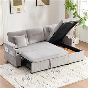 Luscriate Divano letto 3 posti con vano portaoggetti, divano angolare con chaise longue idraulica e letto a cassetti, divano con USB-C e porta bevande, moderno divano in lino per soggiorno (grigio