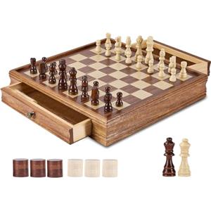 VEVOR Set di Scacchi in Legno Massello 400 x 380 x 68 mm Set da Gioco di Dama 2 in 1, 2,2 kg Giochi da Scacchiera con Cassetto Portaoggetti e Pezzi di Dama con Peso e 2 Regine, per Adulti Bambini