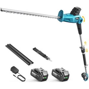 SEESII Tagliasiepi Telescopico a Batteria 50 cm - Tagliasiepi Elettrico con Lama Doppia Azione da, Asta Telescopica 2,4 m, 2 Batterie 4000 mAh, Testa Girevole, Forbici per Siepi e Arbusti
