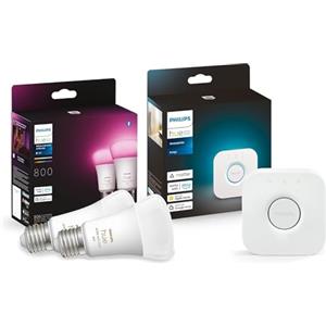 Philips Hue White and Color Ambiance Lampadina Smart 2 Pezzi, Attacco E27 Hue Bridge, Centro di Controllo del Sistema Hue