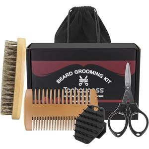 tonhawness Set di spazzola da barba e pettine per uomo, kit per la cura del viso con spazzola in setole di cinghiale naturali, pettine in legno, spazzola per la pulizia morbida in silicone e forbici