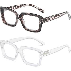 MMOWW 2 Pacco Occhiali da Lettura Donna Rettangolari - Oversize Square Frame Anti Luce Blu Occhiali（Leopardo Bianco + Trasparente, +2.5
