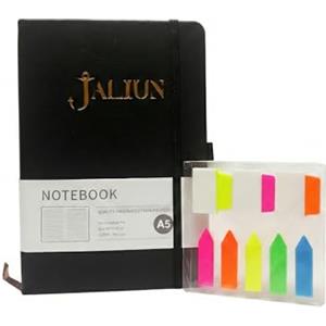 Jaliun Taccuino A5 a Righe Professionale - Quaderno Copertina Rigida Nera con Dettagli Oro - Carta Avorio Liscia, Elastico, Segnalibro e Tasca Interna - Agenda Elegante per Ufficio e Università
