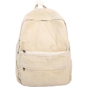 BOZIEE Zaino in velluto a coste per donna, ragazza, adolescente, scuola, viaggi, lavoro, uso quotidiano, bianco crema, L