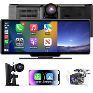 Hexinex CarPlay Auto, 10,26 Pollici con Wireless CarPlay e Android Auto, Dashcam Frontale 4K + Telecamera Posteriore 1080P, con BT USB AUX Siri Comando Vocale