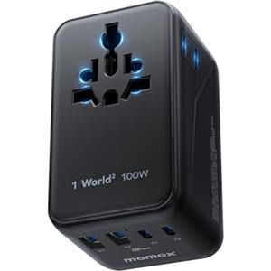 MOMAX Adattatore Universale da Viaggio 100W GaN, 2 USB-C, 2 USB-A, Presa AC, PD3.0, Ricarica Rapida, Compatibile con UK/USA/Australia, UE, Giappone, Canada ecc, Nero