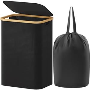 Lifewit Cesta Portabiancheria 80 L con Coperchio, Grande Cesto Biancheria Pieghevole in Bambù con Sacco Interno, Portabiancheria Salvaspazio, Laundry Basket per Camera da Letto, Bagno, Nero