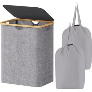 Lifewit Cesta Portabiancheria 120 L con Coperchio, Grande Cesto Biancheria Pieghevole in Bambù con Sacco Interno, Portabiancheria Salvaspazio, Laundry Basket per Camera da Letto, Bagno, Grigio Chiaro