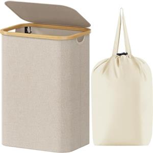 Lifewit Cesta Portabiancheria 80 L con Coperchio, Grande Cesto Biancheria Pieghevole in Bambù con Sacco Interno, Portabiancheria Salvaspazio, Laundry Basket per Camera da Letto, Bagno, Beige