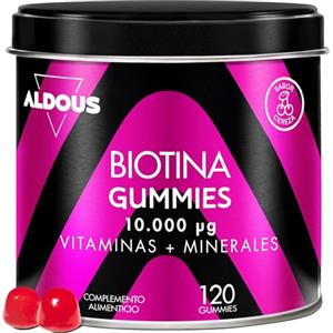 Aldous Bio Biotina Capelli 10000 mcg - 120 Caramelle Gommose gusto Ciliegia - Integratore per Capelli, Pelle, Unghie - Acido folico, Zinco, Selenio, Iodio - Vitamine per Capelli - Vegan - ALDOUS