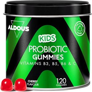 Aldous Bio Probiotici Caramelle Bambini - 120 Caramelle Gommose Gusto Ciliegia - Fermenti Lattici Probiotici - Vitamina C, B3, B5, B6 - per Intestino - Bifidobacterium, Lactobacillus - Vegan - ALDOUS