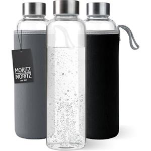 Moritz & Moritz Borraccia in vetro da 500 ml, adatta per anidride carbonica e a prova di perdite, bottiglia di vetro per sport, scuola, università o lavoro, con rivestimento protettivo reversibile in