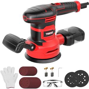 TEENO Levigatrice Orbitale 450W con 6 Velocità, Ø125/150mm, 13000 RPM,20 Dischi Abrasivi, Contenitore Polvere, Cavo 2 m - Con Occhiali e Guanti - Per Legno, Metallo, Plastica