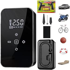 Rioamekioe Compressore Aria Portatile Auto con Kit Riparazione Gomme, Gonfiaggio Rapido, 4 modalità Preimpostate, Doppia Alimentazione 12V, Gonfiatore Elettrico con Luce LED per Moto, Bici, Palloni