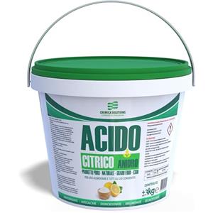 CHEMICA SOLUTIONS Acido Citrico ANIDRO 100% E330 Naturale Multifunzione, Detersivo pavimenti, Pulizia Calcare lavatrice,Brillantante Decalcificante,Alimentare Barattolo da 3 Kg