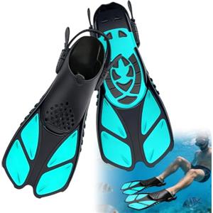 Zinueen Pinne da nuoto corte regolabili per adulti e bambini, taglia da viaggio, con pinne per immersioni e immersioni, comode e compatte con tacco aperto (ciano, L/XL)