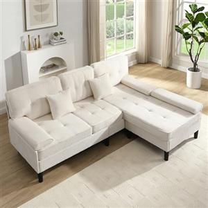 Luscriate Grande divano angolare a forma di L, 195 cm, divano letto modulare in ciniglia con chaise longue e poggiapiedi, extra largo per soggiorno, beige (Light beige)