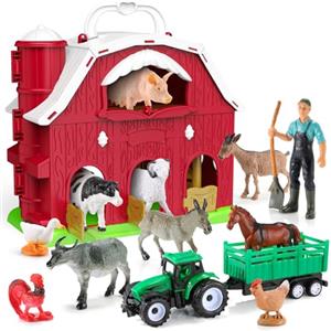 HappyKidsClub Giochi Fattoria Montessori per Bambini 1-4 Anni, Set Fienile Apribile con 10 Animali & Contadino & Camion- Giocattoli Educativo Portatile per Bambino - Idea Regalo Bambini 1 2 3 4 anni