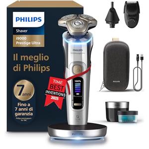 Philips Shaver i9000 Prestige Ultra, rasoio elettrico Wet & Dry, tecnologia Skin IQ Pro, triplo sistema Lift & Cut, lame di precisione NanoTech 360º, 5 modalità di rasatura, modello XP9404/38