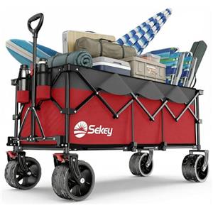 Sekey XXXL Carrello Spiaggia Ruote Grandi 300L 200KG, Carrello Pieghevole con Ruote Extra Larghe 17x10 cm a Tutti i Terreni, Brevettato Pieghevole da QUATTRO Direzioni SE4013, Grigio con Rosso