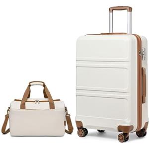 KONO set di 2 Valigie Trolley medio 65cm Rigida e Leggera ABS valigia con 4 Ruote Rotanti e Lucchetto TSA & Borsa da Viaggio 40x20x25 Ryanair, Bianco Crema