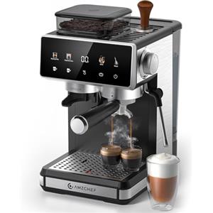 AMZCHEF macchina caffè con macinino, macchina da caffè espresso 20 bar per casa con montalatte, 3 livelli di temperatura, 20 impostazioni di macinatura, display touch