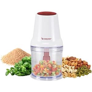 BEPER P102ROB010 Tritatutto a Doppia Lama, 400W, Contenitore in plastica 500 ml, Lame in Acciaio Inossidabile per Tritatura Omogenea, Sistema di Sicurezza e Piedini Antiscivolo, Bianco/Rosso