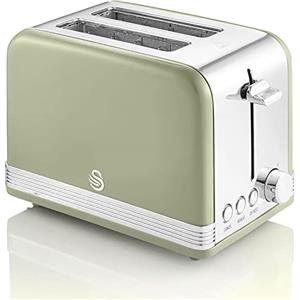 Swan Retro ST19010GNEU Tostapane a Fessura Larga 2 Fette, Design Vintage, 3 Funzioni: Scongelamento, Riscaldamento, Annullamento, 6 Regolatore del livello di Tostatura, Acciaio Inox., Verde, 815W
