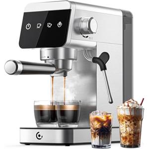 AMZCHEF Macchina da caffè con portafiltro, 20 bar con display LED, macchina da espresso 2-in-1 da casa con serbatoio removibile da 1,2L, per regali, macchina per caffè in acciaio inossidabile compatta