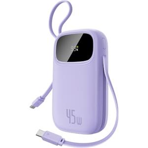 Baseus Powerbank 45W 20000mAh con 2 Cavi USB-C Integrati, Ricarica Rapida Power Bank PD3,0 QC4,0, 3 USB-C, 1 A, Caricatore Portatile per iPhone 16/15/14 Pro Max, iPad, Samsung, Viola