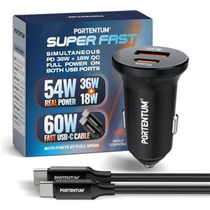PORTENTUM Dual Simultaneous Car Charger 54W - 60W USB Type-C Cable Fast Charging - Car Battery Charger Mobile Phone - USBC PD 36W + USBA QC 18W - For iPhone iPad Android