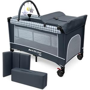 Mobiclinic®, Lettino da viaggio 3 in 1, Box bambini duo livelli, Pieghevole con fasciatoio baldacchino, Entrata laterale, Caelum, Max. 15 kg, Ruote freno, Borsa portaoggetti
