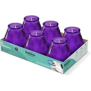 Bolsius Candele per Esterni - 6 Pezzi - In Vetro - Viola - Durata di Combustione 70 Ore - Senza Olio di Palma - Combustione Pulita - Stoppino di Cotone - Non Profumate