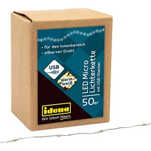 Idena 30257 - Catena luminosa LED Micro con 50 LED in bianco caldo e spina USB, per uso interno, per feste, Natale, decorazione, matrimonio, come luce d'atmosfera e per l'artigianato