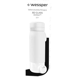 Wessper Borraccia Filtrante, 700 ml, Borraccia Vetro Borosilicato, Bottiglia con Filtro Actitex DISC, Contatore di Sostituzione del Filtro Integrato, Riduce il Cloro, BPA FREE - Bianco