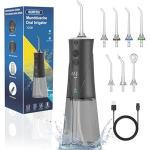 SURFOU Idropulsore Dentale Portatile 3 Modalità 5 Pressione dell'acqua e 7 Ugelli, 230 ml IPX7 Impermeabile USB Ricaricabile per Viaggi e uso Domestico