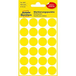 AVERY Zweckform 3007 punti di marcatura autoadesivi, 96 pezzi (diametro 18 mm, punti adesivi su 4 fogli, adesivi per codifica a colori, adesivi rotondi per calendari, agenda e bricolage, carta) giallo