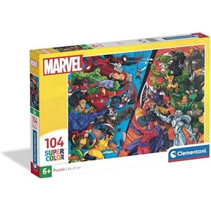 Clementoni - Puzzle per Bambini 104 Pezzi Supercolor, per Bambini 6+ Anni, Illustrazione con Supereroi e Villains Marvel, Idea Regalo, Made in Italy, 38x27 cm, 25061
