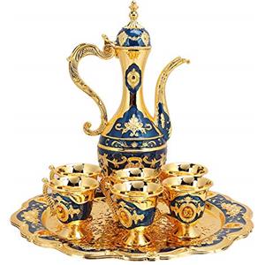 Leopacat Turco Caffè Tè Set,Vintage Teiera Turca Marocchina con Vassoio e 6 Tazze da Tè In Metallo Stile Europeo per Bere Vino Casa Bar Partito Regalo di Nozze di Artigianato Ornamento