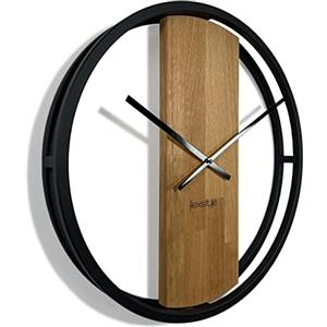 FLEXISTYLE Orologio da parete grande, ovale, senza ticchettio, stile LOFT in metallo e legno, 3D, misura XXL, adatto per bagno e soggiorno, colore nero (diametro di 50 cm)