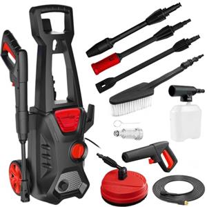 LEHMANN Jukon Idropulitrice Alta Pressione, 1600 W, Pressione max. 200 bar, Portata 480 l/h, Autoadescante, Pompa in Alluminio, Accessori: Lancia Schiuma, Spazzola Rotante e Fissa, Nero/Rosso