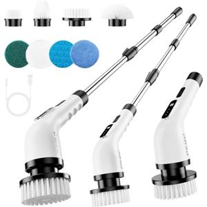 PKBD Elettrico Scopa Rotante, 2025 Upgrade Spazzola Elettrica Senza Filo Impermeabile con 8 Testine, Display Digitale, 3 Velocità, Manico Allungabile per Vasca, Piastrelle, Pavimenti