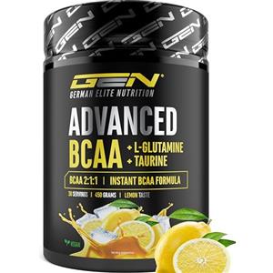 GEN GERMAN ELITE NUTRITION Advanced BCAA in Polvere 450 g - Aminoacidi 2:1:1 con L-glutammina e taurina - BCAA istantanei, ottima solubilità e gusto - Vegano - 30 porzioni (Lemon)