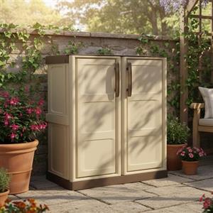 Dmora - Armadio da esterno Courtrai, Armadio balcone multiuso, Mobile da esterno a 2 ante, 100% Made in Italy, Beige e Marrone, 70x39h86 cm, Finitura quadri