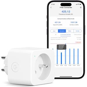 Meross Presa collegata (tipo E), 16A Presa WiFi Compatibile con Alexa e Google Home, Presa intelligente di consumo elettrico con controllo vocale, controllo remoto e configurazione Bluetooth