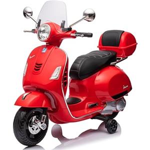 Mondial Toys Moto Elettrica per Bambini 12V con Licenza Ufficiale Vespa Piaggio - Modello GTS Super, Luci LED, MP3, Sedile in Pelle, Bauletto - Rosso