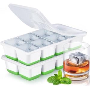 Jrisbo Stampo Ghiaccio Grande, JRISBO Set 2 Stampi con Coperchio per Cubetti Ghiaccio Silicone senza BPA, Formine Cubi Ghiaccio Forma Vaschette Ice Cube Tray per Cocktail Birra Whisky (Verde)